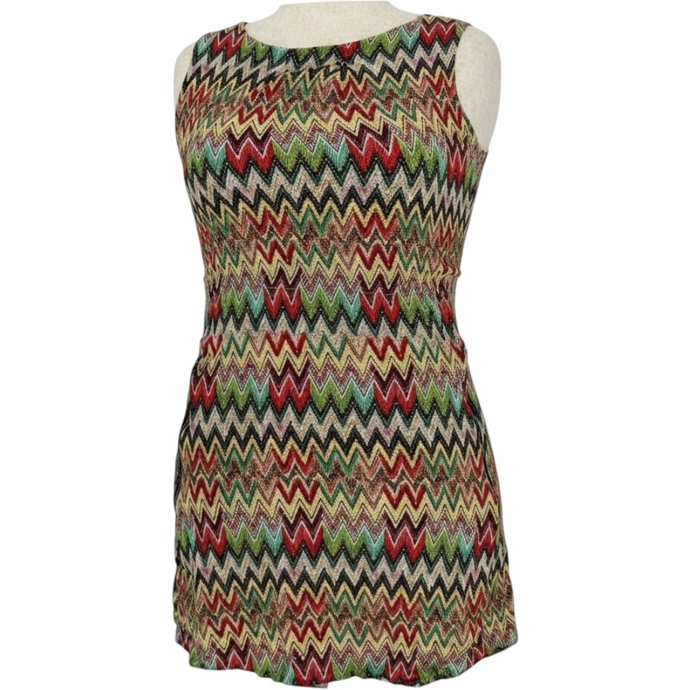 SM Wardrobe Dress‎ Womens M/L Multicolor Chevron Knit Bodycon Retro 70s Mini
